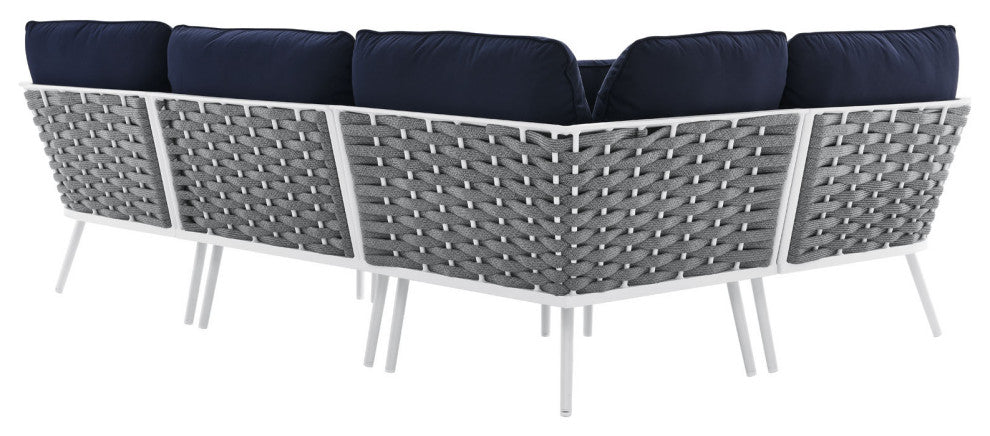 Lounge Sectional Sofa Chair Set, Navy White, Aluminum, Modern, Outdoor Patio