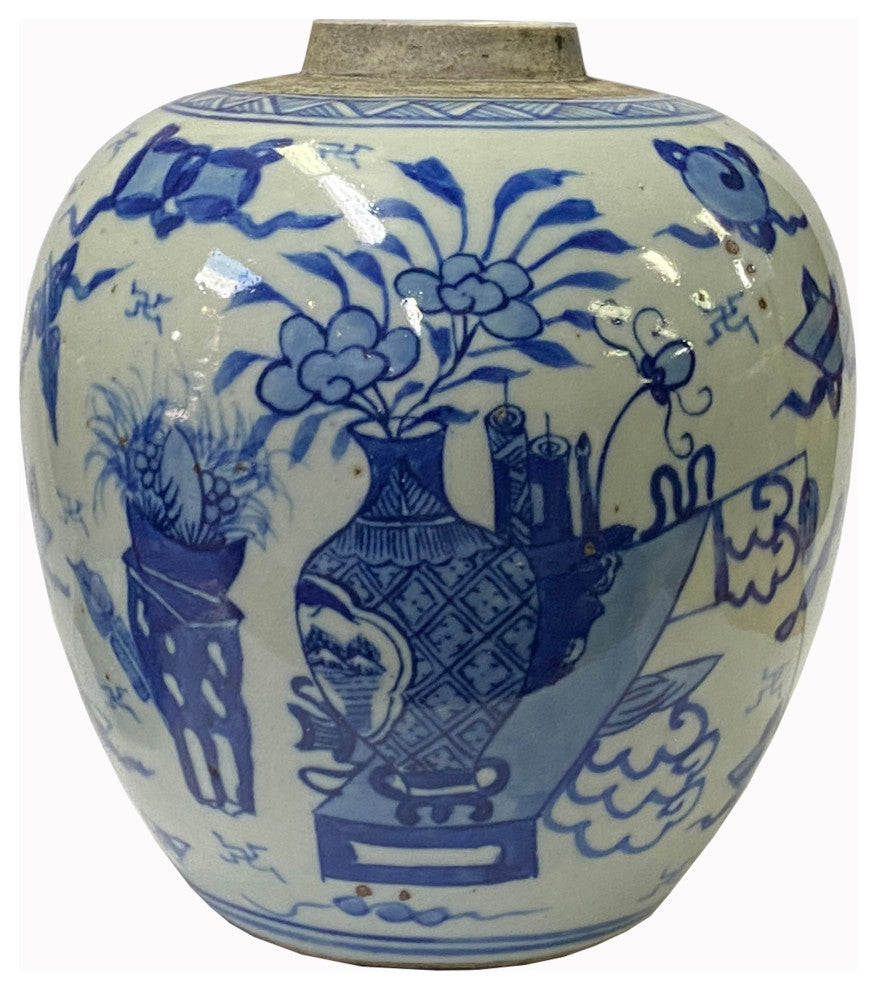 Oriental Handpainted Flower Vase Small Blue White Porcelain Ginger Jar hws2314