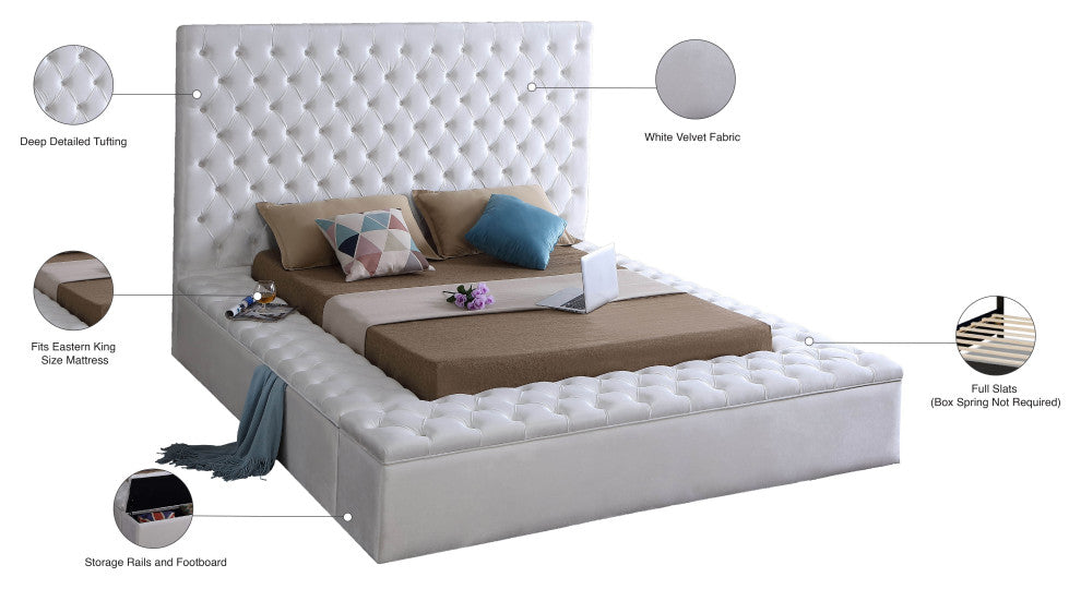 Bliss Velvet Upholstered  Bed, White, King