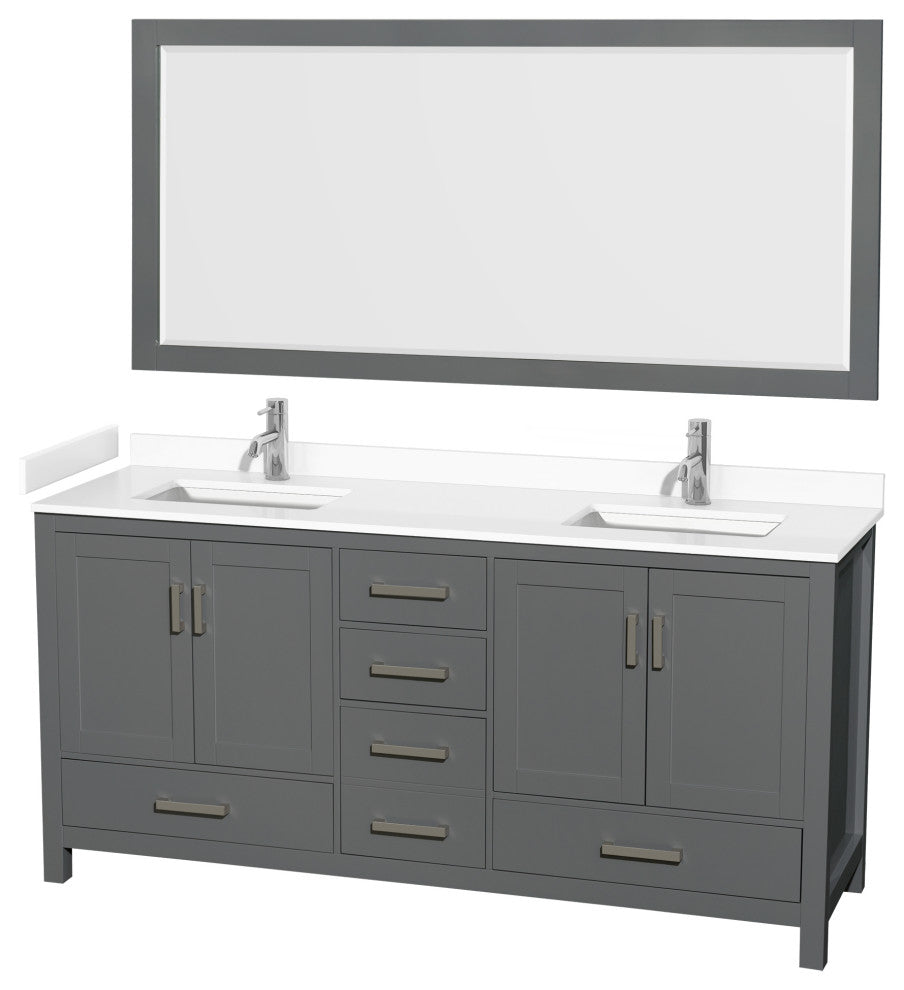 72"DBL Bathroom Vanity Dark Gray, White Cult.Marble Countertop, Sinks, 70"Mirror