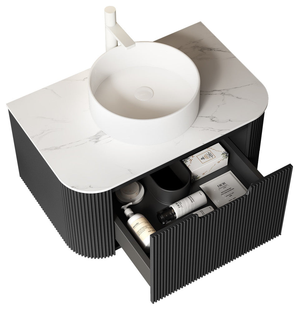 Wall-Mounted Bathroom Vanity With White Round Ceramic Basin, Black, 30"