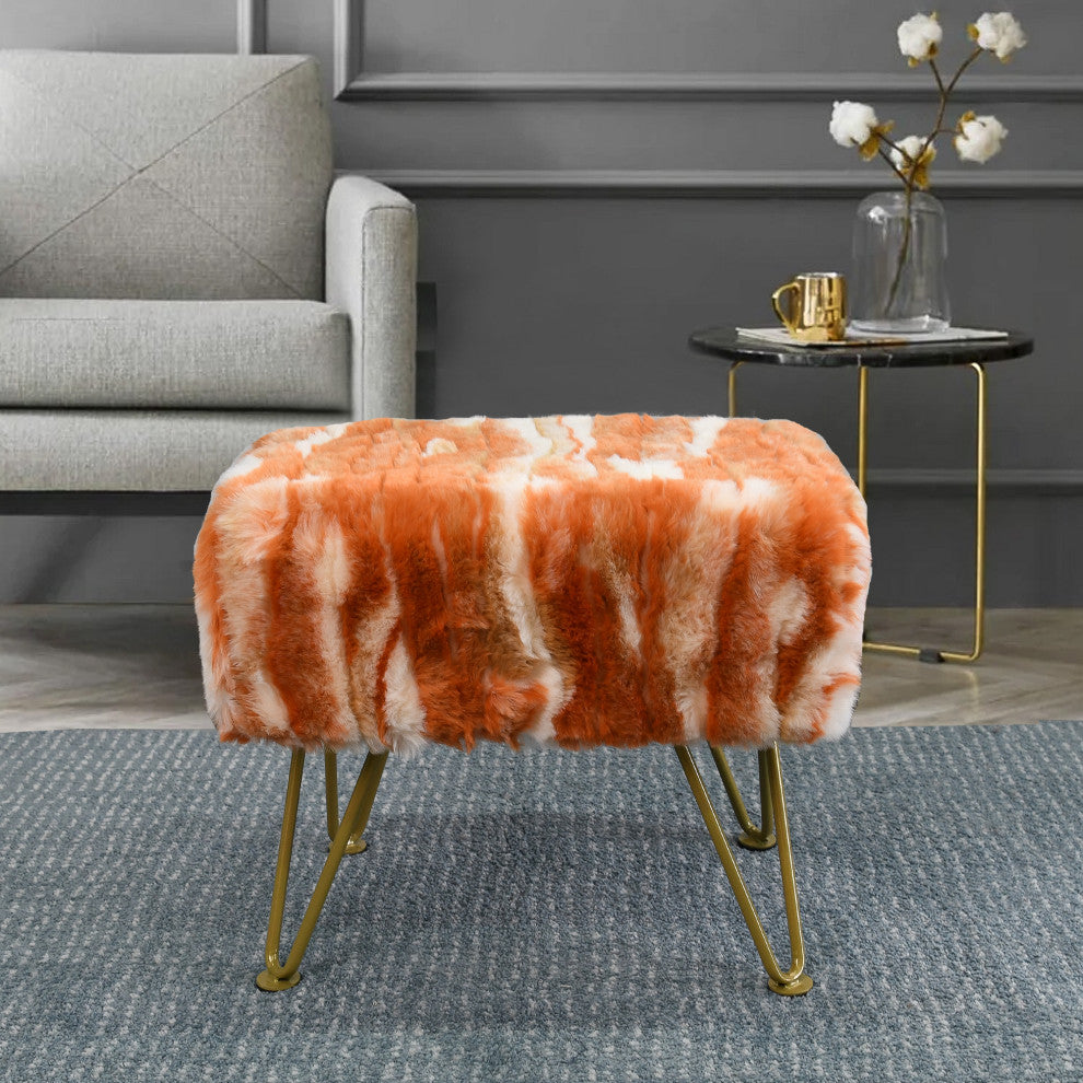 Soft Faux Fur Ottoman Fuzzy Entryway Bench Seat, Burnt Orange, 19"x13"x17"