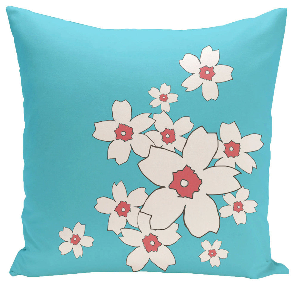 Polyester Pillow, Floral, Turquoise, 16"x16"
