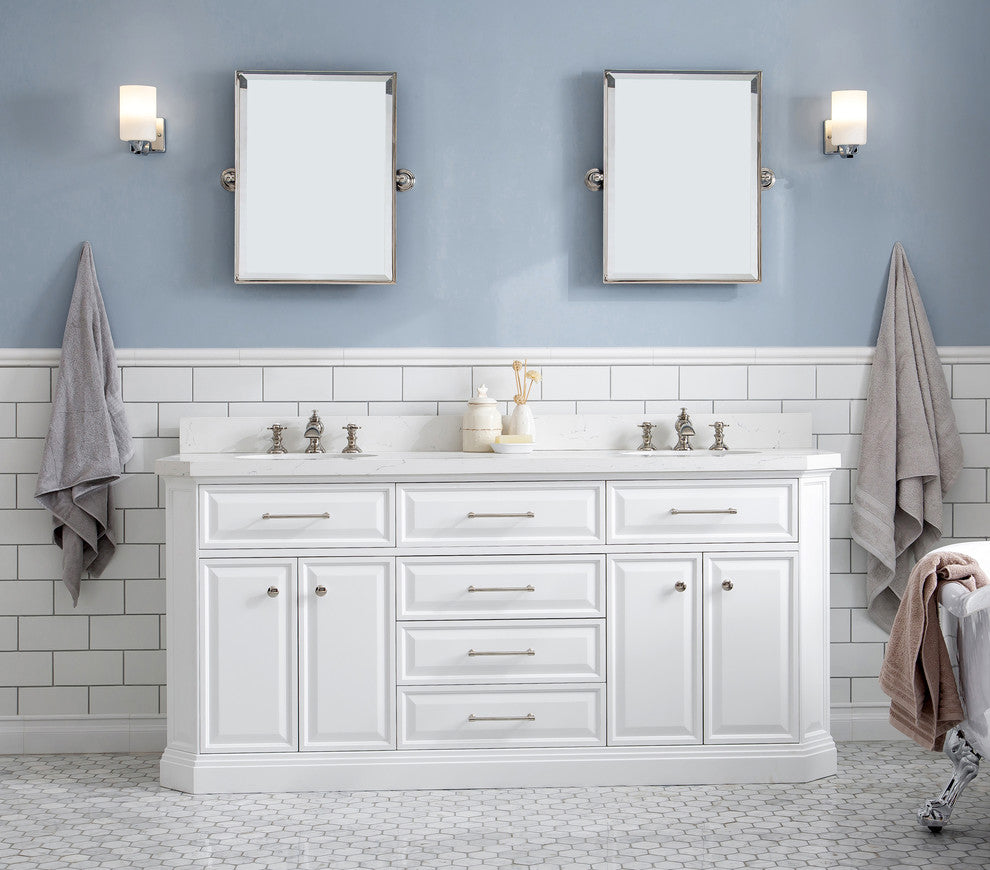 72" Palace Quartz Pure White Vanity With Hardware, Faucets in Polished Nickel