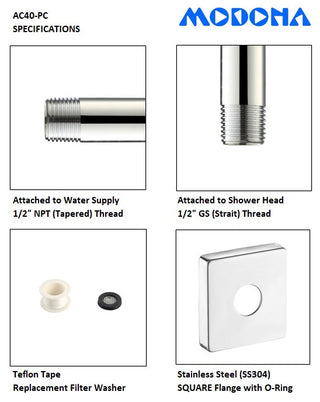 MODONA's 8" SQUARE Rains Shower Head With SQUARE Shower Arm, Polished Chrome