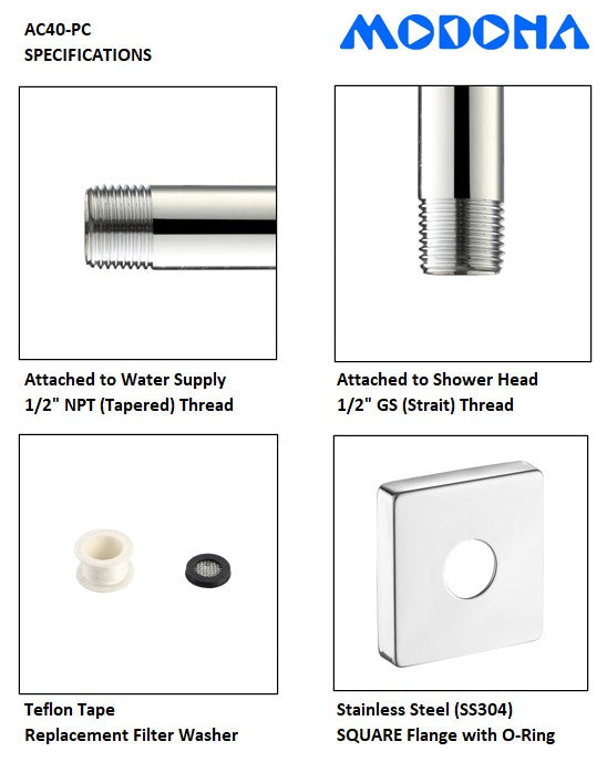 MODONA's 8" SQUARE Rains Shower Head With SQUARE Shower Arm, Polished Chrome