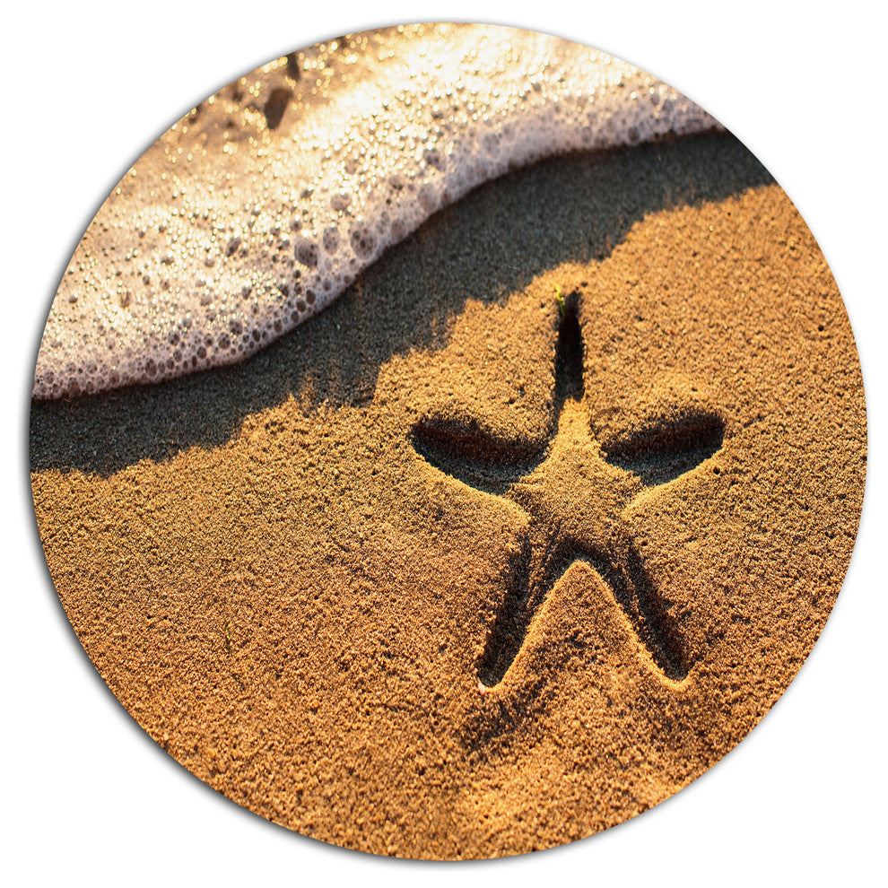 Starfish On Beach With Waves, Beach Disc Metal Artwork, 11"