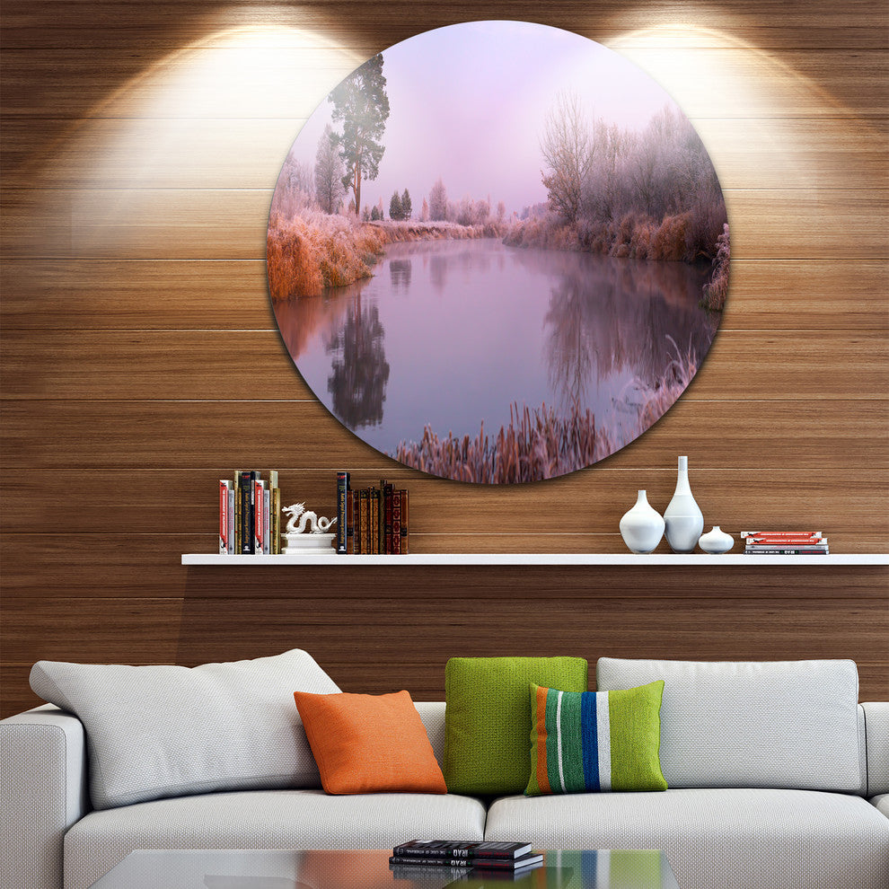 Misty Autumn Sunrise Over River, Landscape Disc Metal Artwork, 23"