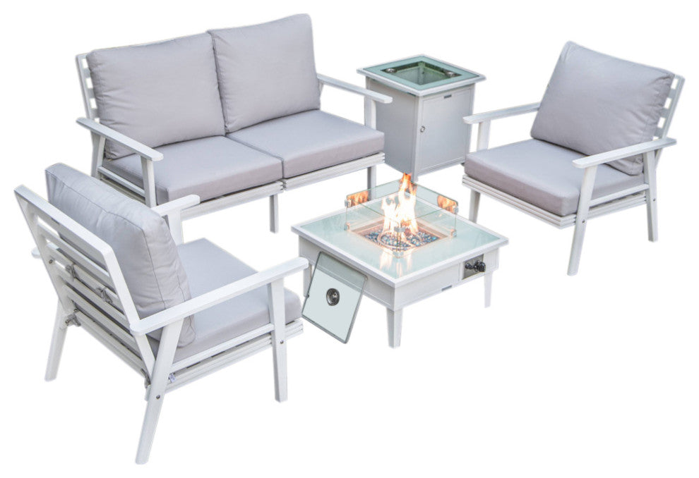 LeisureMod Walbrooke Patio Conversation Set With Fire Pit Table, Light Grey