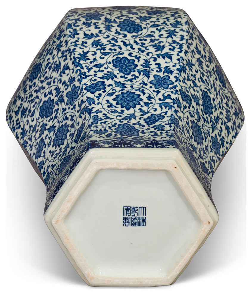 Floral Blue and White Oriental Ginger Jar with Foo Dog Motif Lid