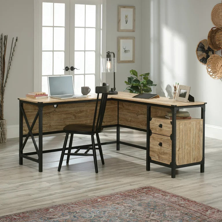 Industrial Desk, L-Shaped Design With Metal Frame & Lower Drawers, Mesquite