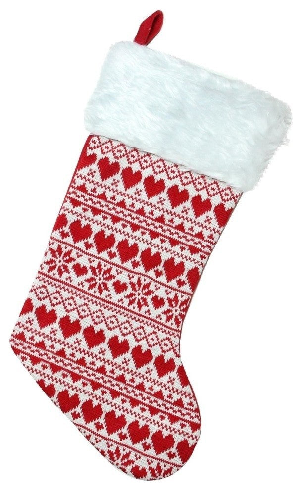 15" Heart and Snowflake Knit Christmas Stocking With White Cuff