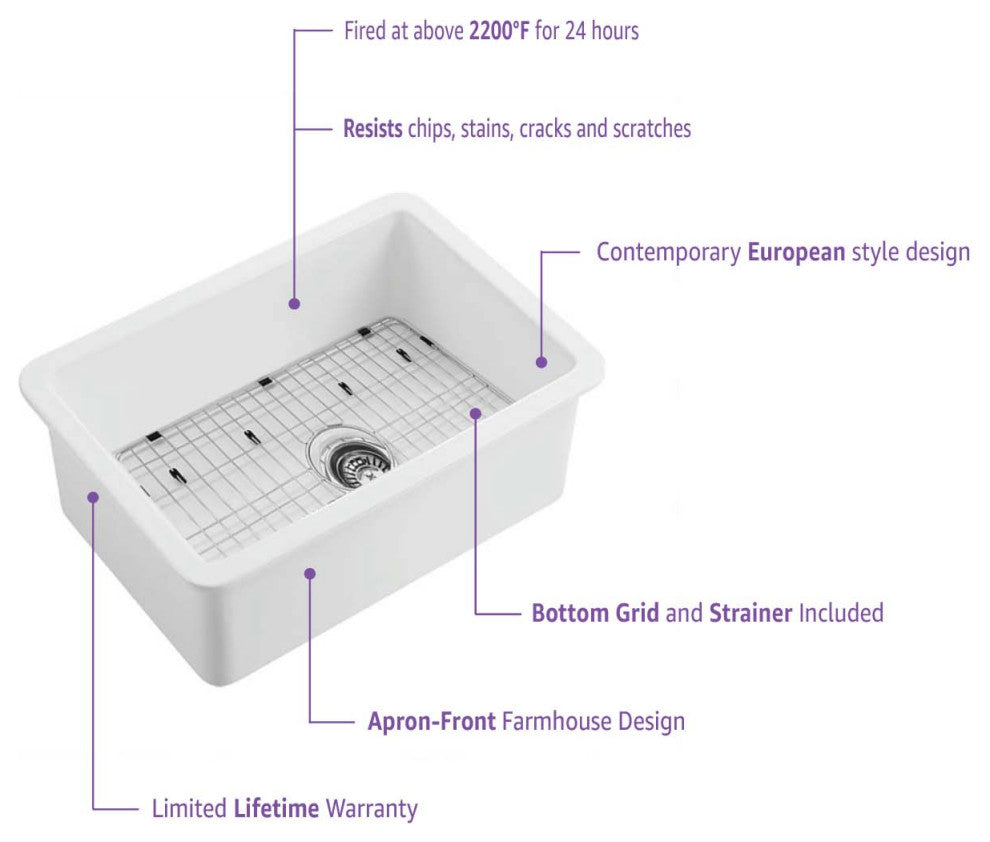 White Fireclay Farmhouse Undermount Kitchen Sink, Bottom Grid and Strain, 27"