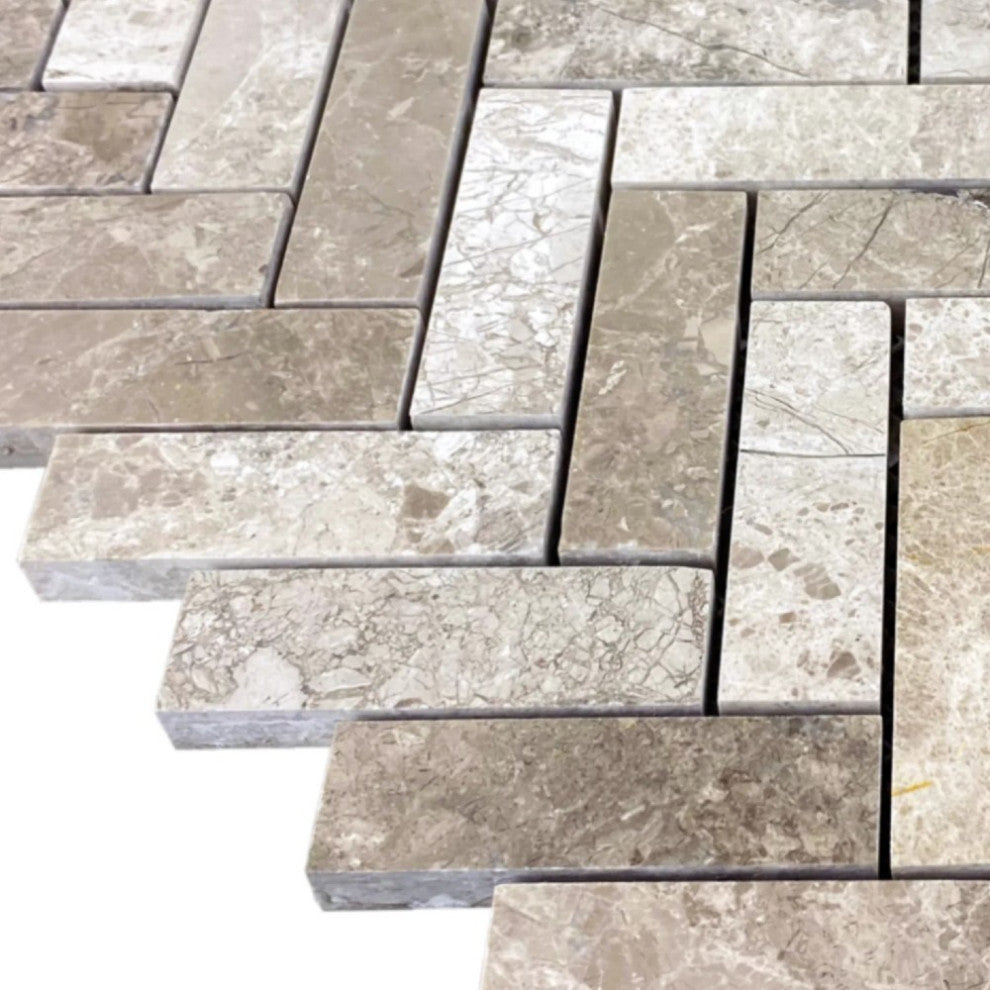 Silver Shadow Marble 1"x3" Herringbone on 12"x12" Mosaic Tile (10 sqft per box)