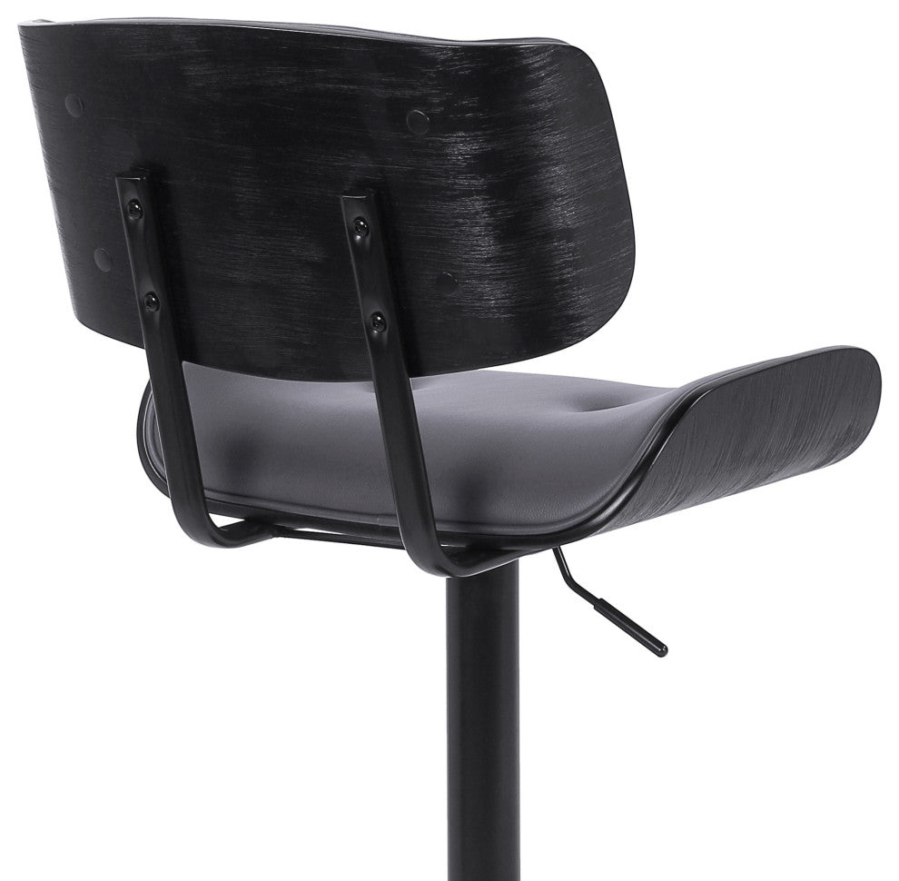 Adjustable Gray Tufted Faux Leather and Black Wood Swivel Barstool.