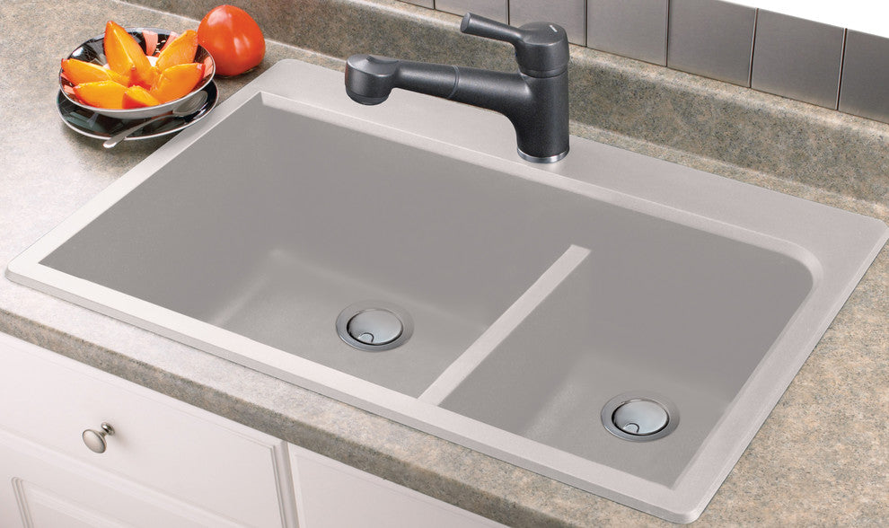 Radius 33" silQ Granite Double Bowl Kitchen Sink with 1 Hole in White