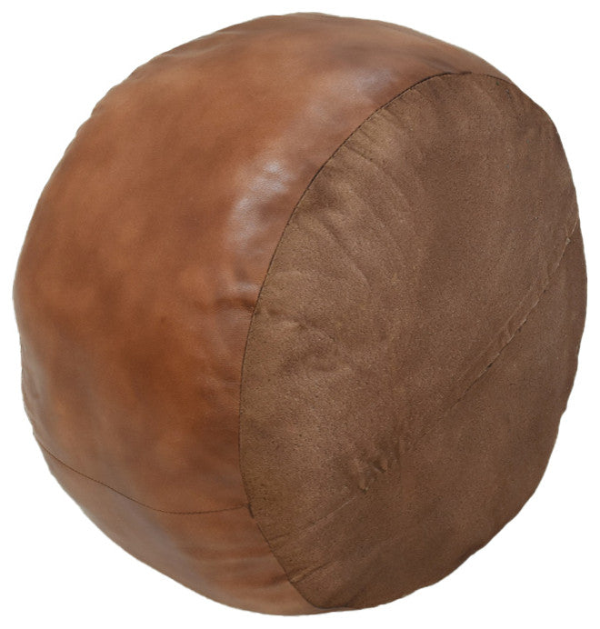 Pouf-Solid Handmade Leather Pouf (Recycled Foam with Fiber Fill), Light Brown, {Round]21x21x12
