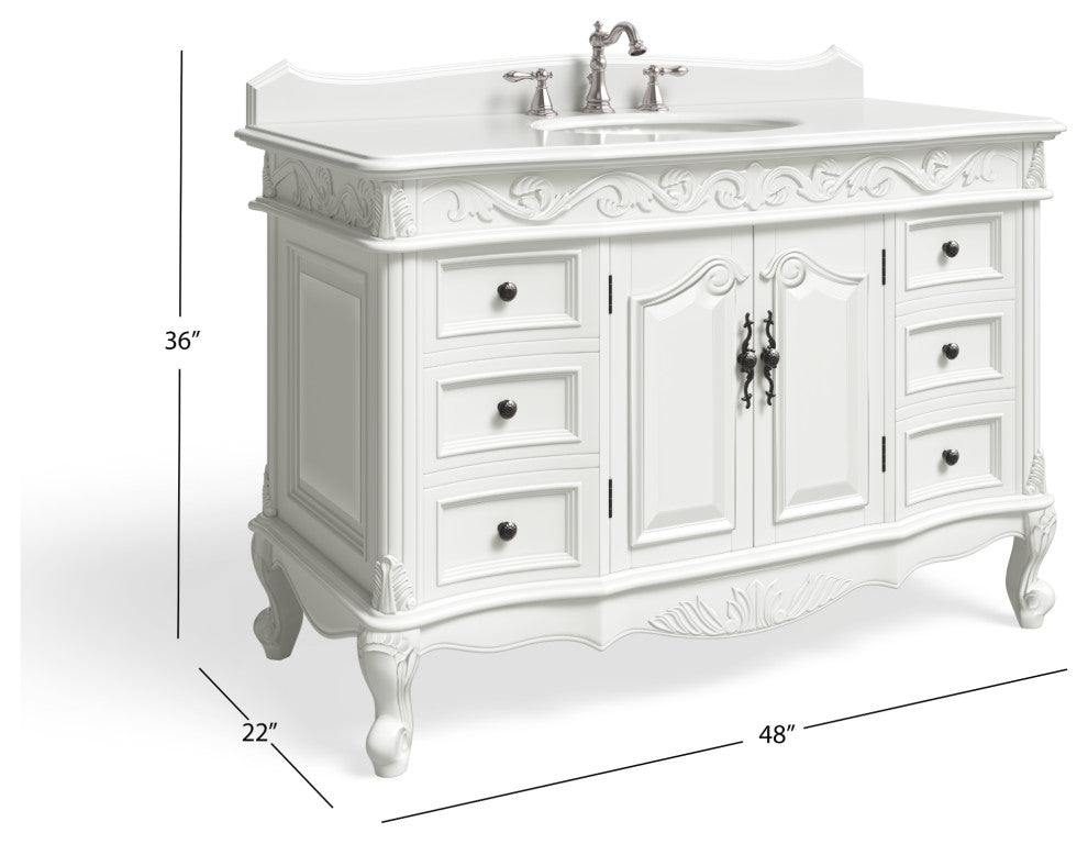 Antique White Traditional Style Single Sink Beckham Bathroom Vanity, White, 48", Single Sink, With Mirror, Freestanding