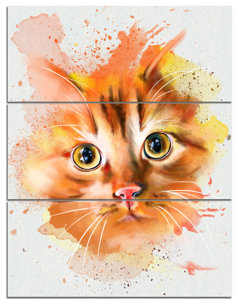 Lovely Red Watercolor Cat, Animal Triptych Canvas Art Print, 28x36, 3 Panels