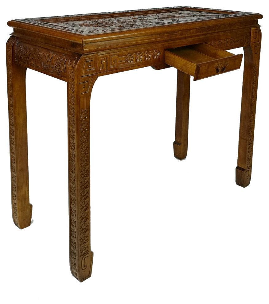 Benzara BM284635 Classic Wood Console Table, 1 Drawer, Floral Carving, Brown