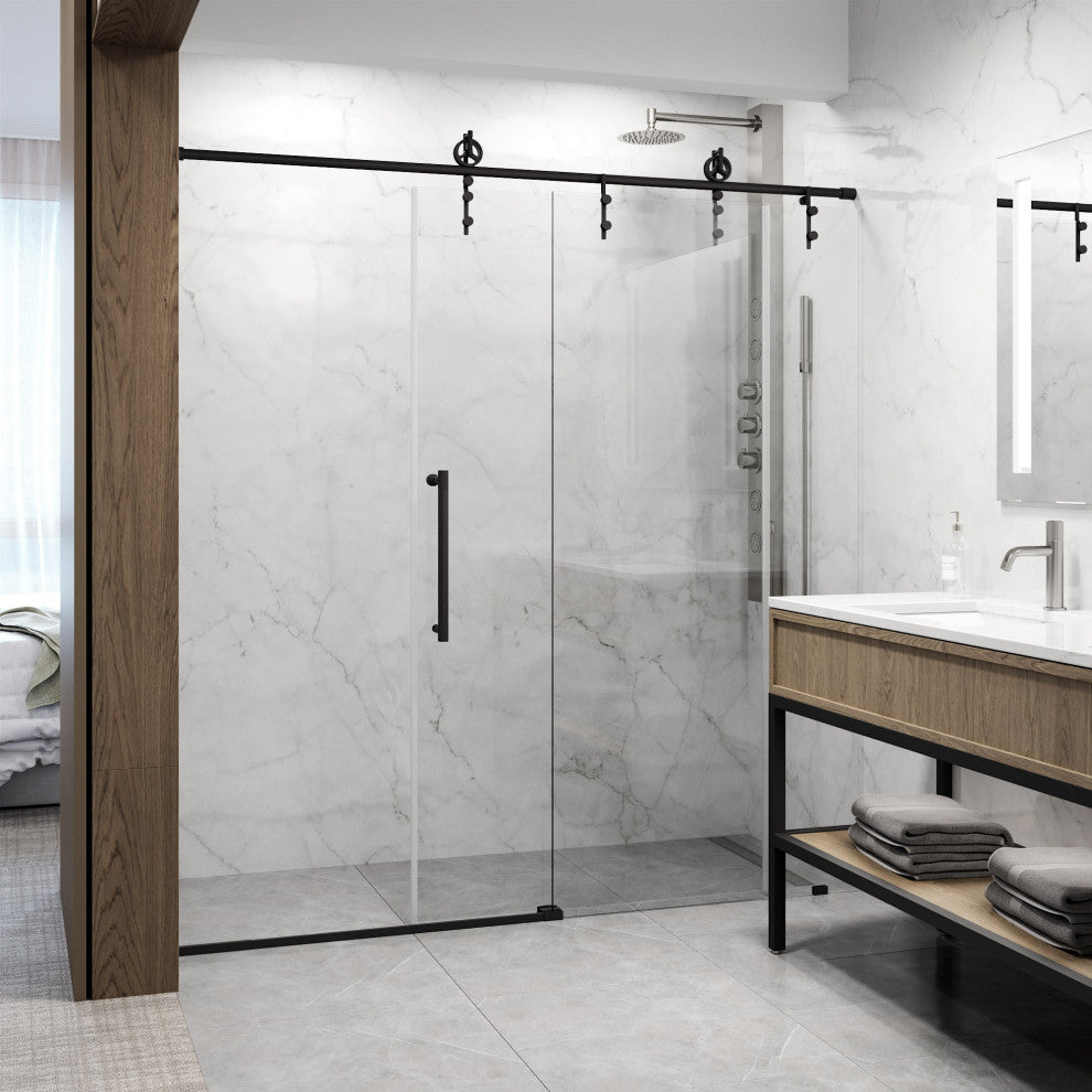 VIGO Hamilton Frameless Sliding, Matte Black, Shower Door, 56" to 60" W X 78" H, Clear Glass