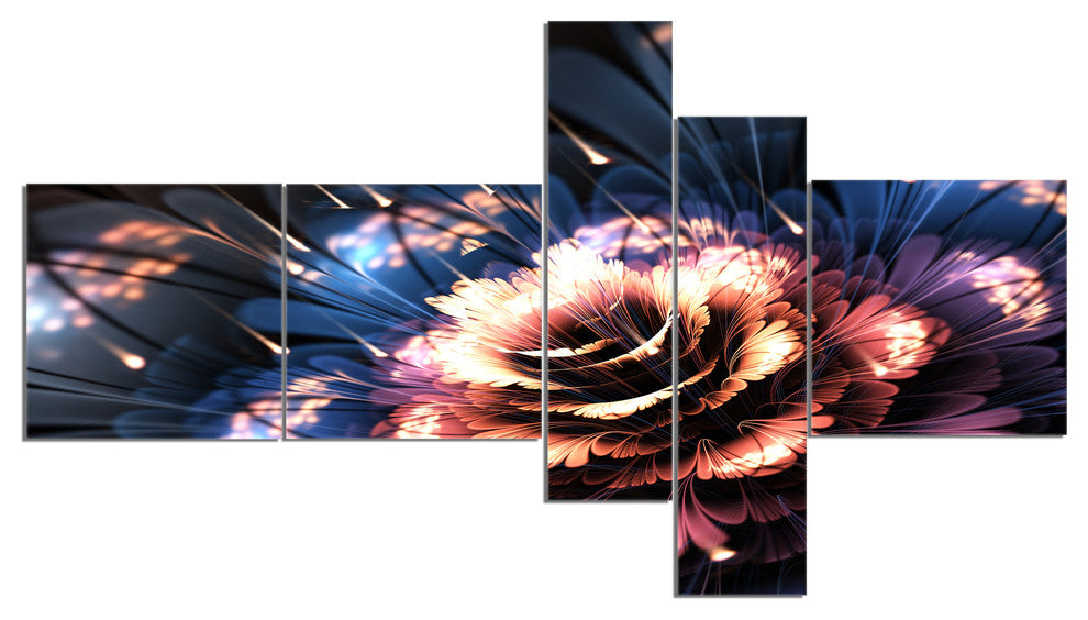 Fractal Flower Orange and Blue, Large Floral Art Canvas Print, 60"x32", 5 panels