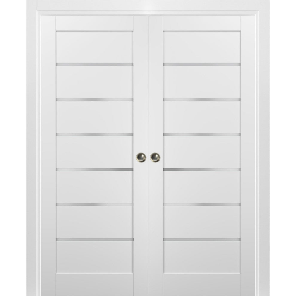 Double Pocket Doors 64x96|Frames|Quadro 4117 White Silk|Frosted Opaque Glass