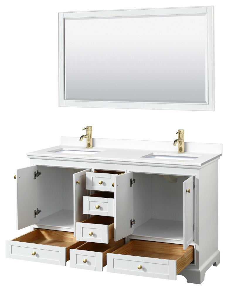 60"DBL Vanity White, White Cult. Marble Countertop, Sinks, Gold Trim, 58"Mirror