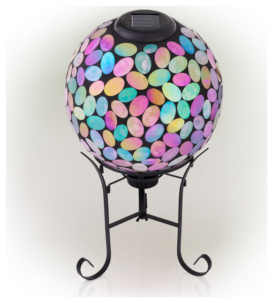 Solar Powered Pink Glass Mosaic Gazing Globe with LED Lights and Metal Stand