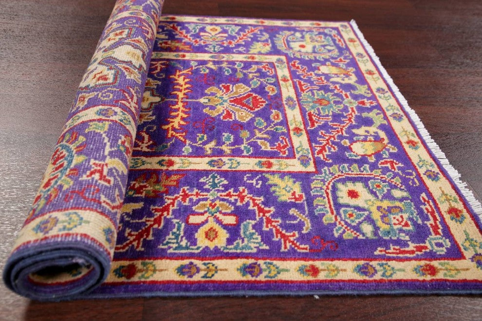 Pakistani Oriental Kazak Wool Hand-Knotted Area Rug, Purple, 3'11"X2'9"