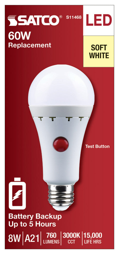 8W A21 LED, 3000K, Medium Base, 120V, 80 CRI, Battery Backup