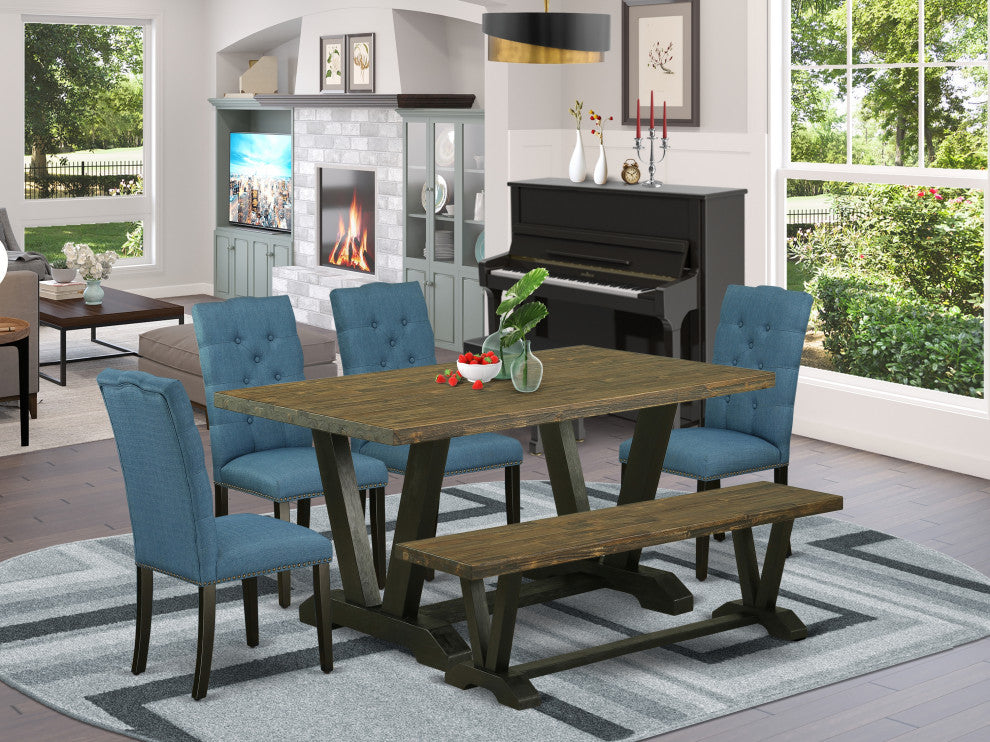 6-Piece Set Jacobean Table and Jacobean Dining Bench and 4 Chairs, Black