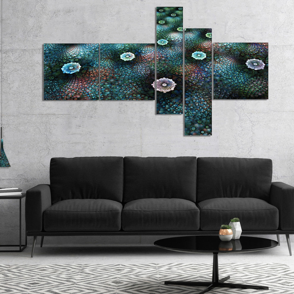 Blue Flowers on Alien Planet, Floral Canvas Art Print, 60"x32", 5 panels