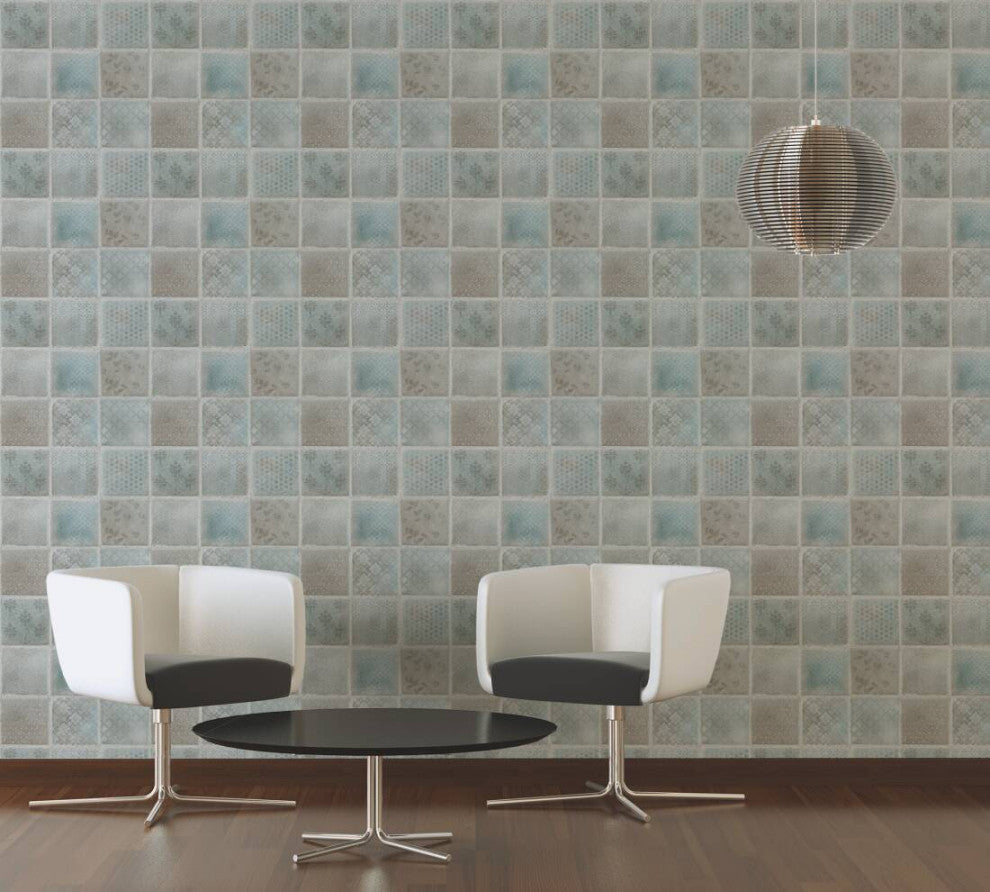 Textured Wallpaper, Flower Ornaments, Blue Green Gray Silver, 1 Roll