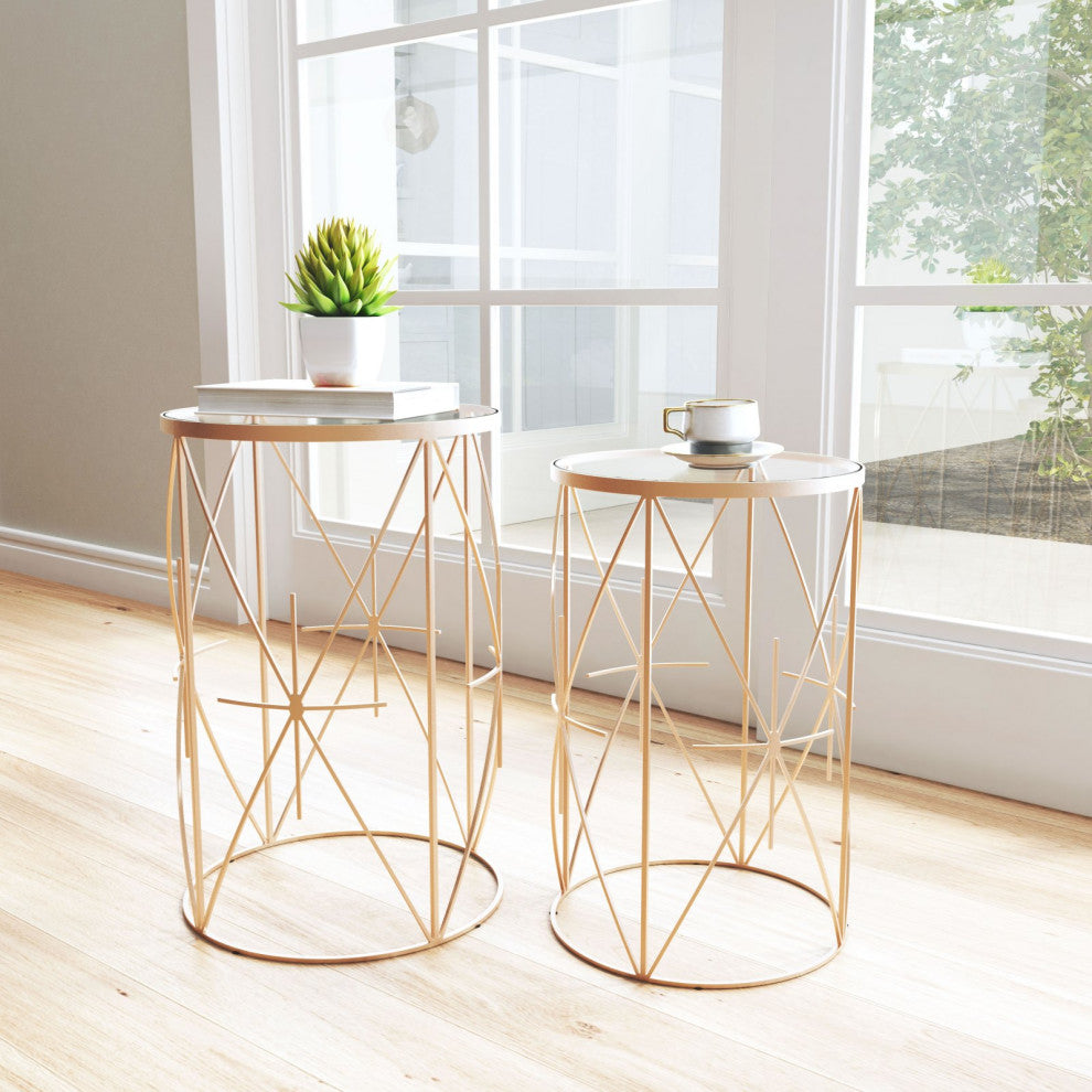 Sofa Side Table, Round, Glass, Steel Metal, Gold, Clear, Lounge Hospitality