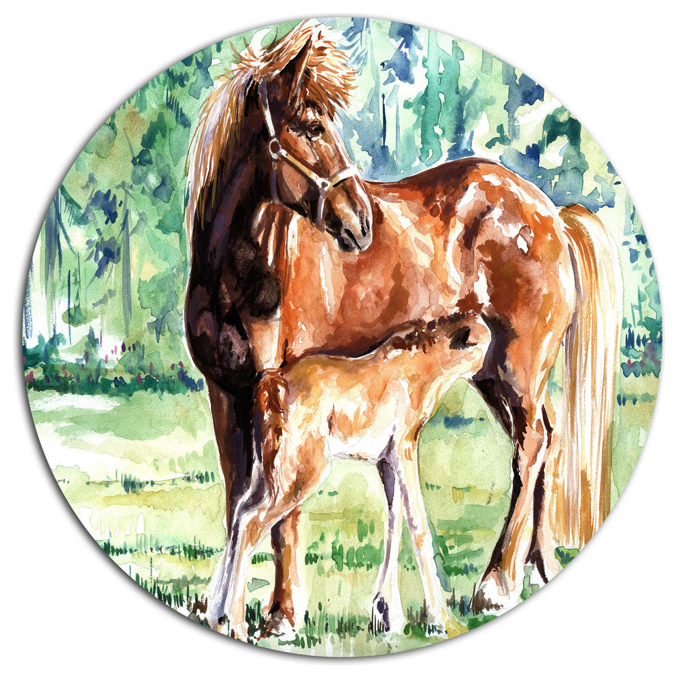 Mare And Foal Watercolor, Animal Disc Metal Artwork, 36"