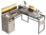 Corner Desk, Metal Frame With Spacious Cabinet & Lift Up Section Top, Wash Gray