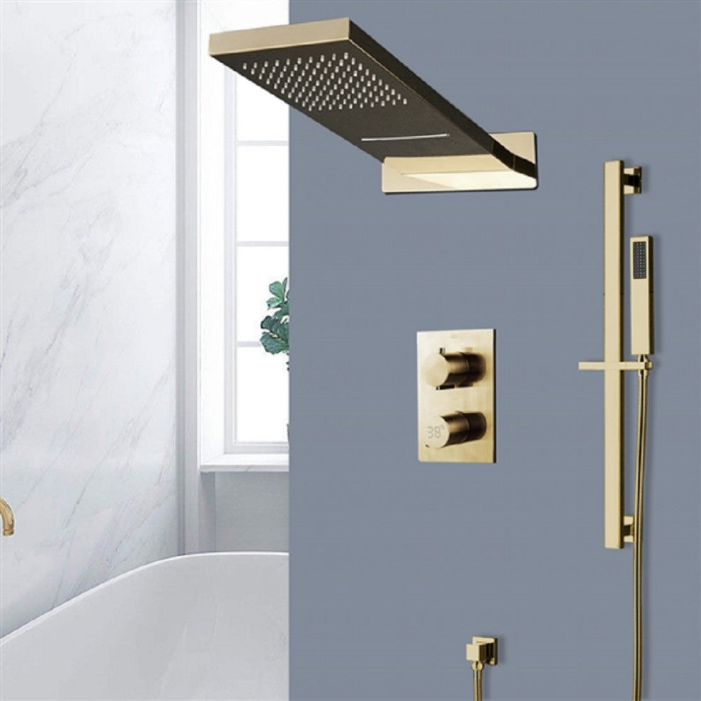 22" Brushed Gold Digital Wall Mount Rainfall Shower System, Non LED