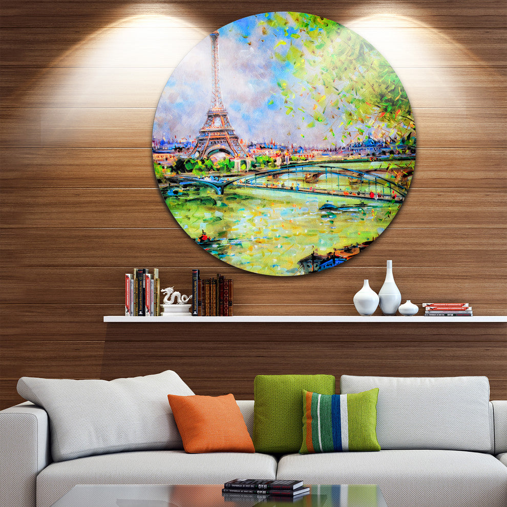Colorful Painting Of Eiffel, Landscape Round Wall Art, 23"