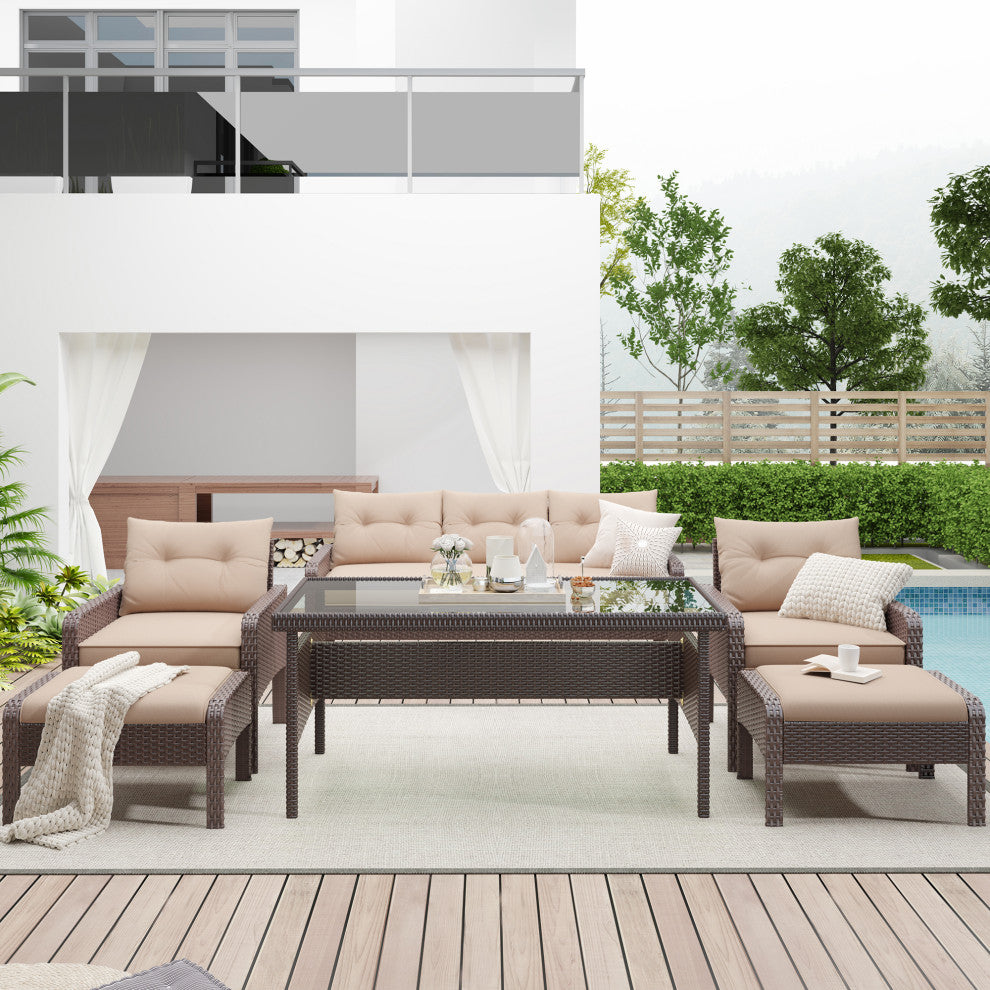6 Pieces Outdoor Rattan Patio Sectional Sofa Set With Dining Table, Coffee