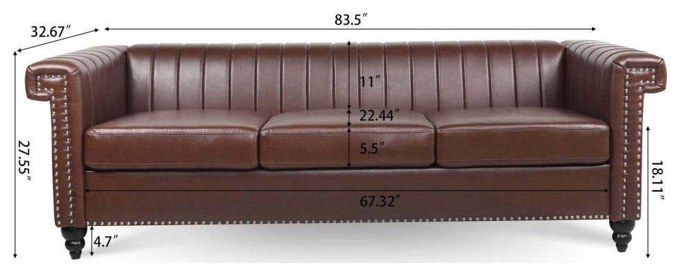 83" Faux leather Square Arm Sofa with Nailhead Trim , Dark Brown