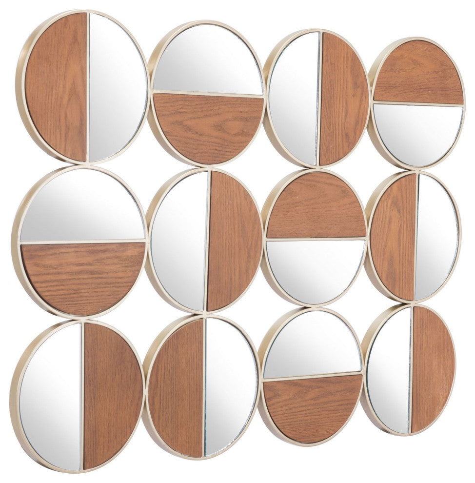 Frame Wall Mirror, Round, Glass, Steel Metal, Gold, Walnut, Bedroom Living