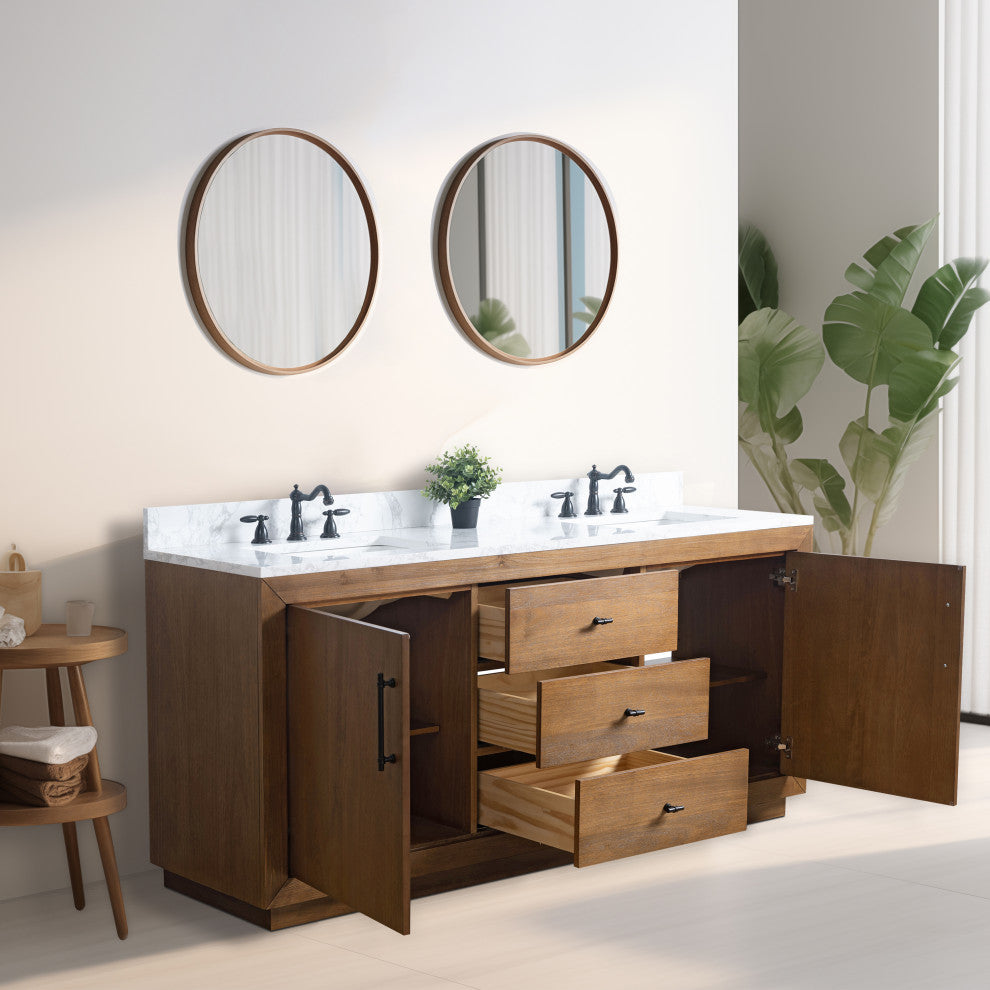 Vanity Art Bathroom Vanity With Sink, Tan, 72" Double, Arabescato White Engineered Marble Top