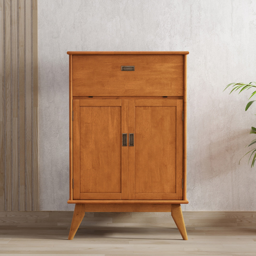 Draper Solid Hardwood Mid Century Bar Cabinet, Teak Brown