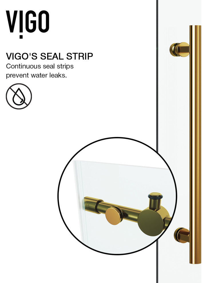 VIGO Winslow Frameless Sliding Shower Enclosure, Matte Brushed Gold, 36" D X 48" W X 80" H, Right Drain Base
