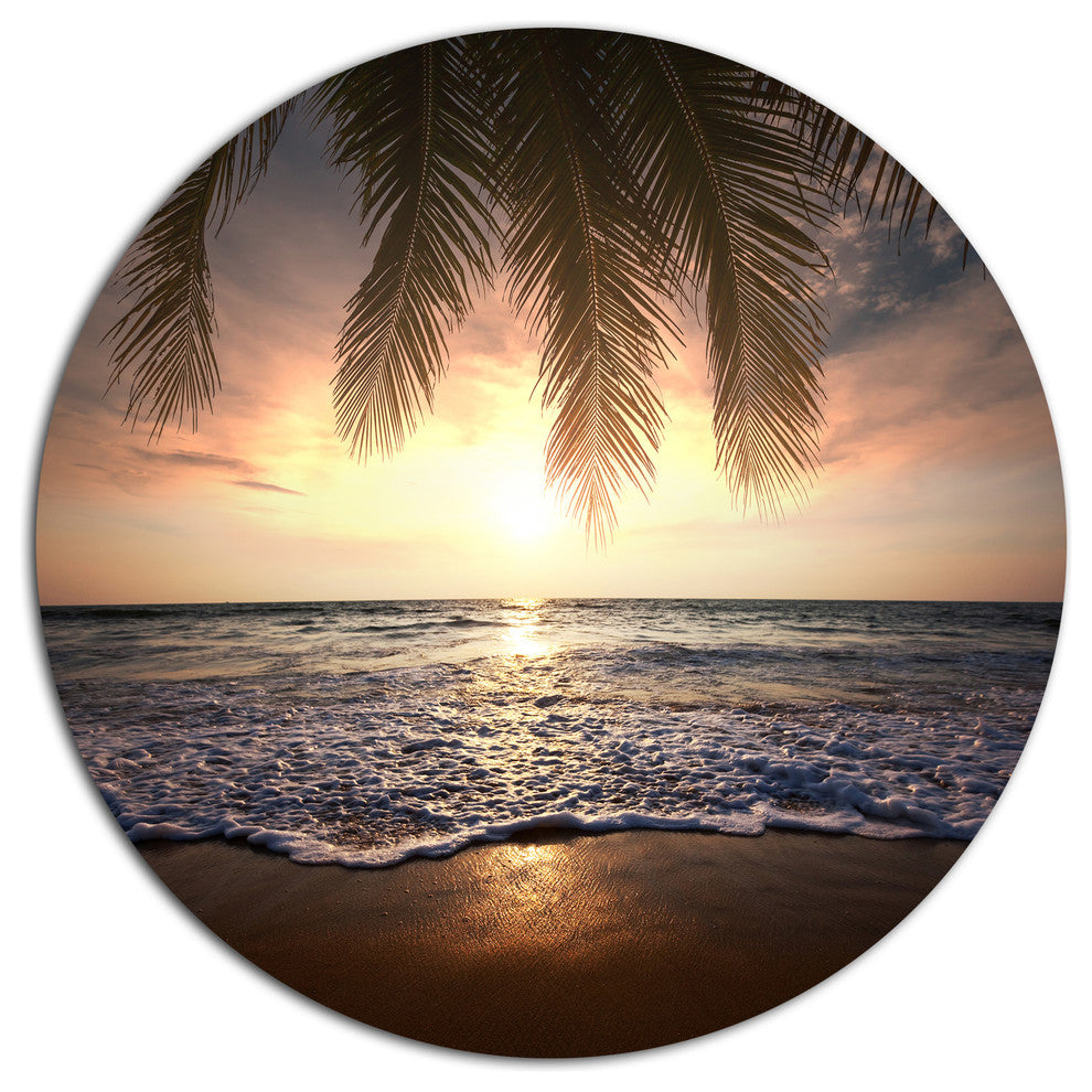 Tropical Beach With Palm Leaves, Seashore Disc Metal Artwork, 23"