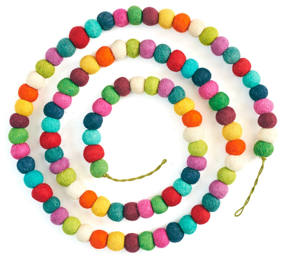 Hand Felted Wool Christmas Garland, Multicolor Balls, 6'