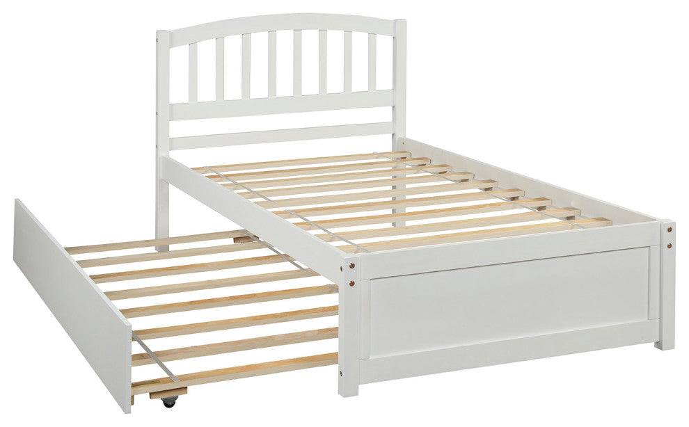 TATEUS Twin Platform Bed With Trundle, Wood Bed Frame With Headboard, White