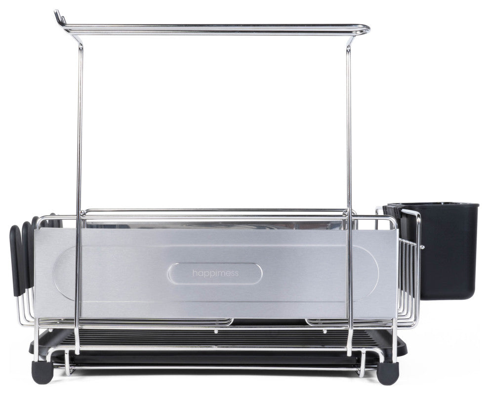 Compact 17.25" Stainless Steel Dish Rack With Wine Glass Holder, Steel/Black