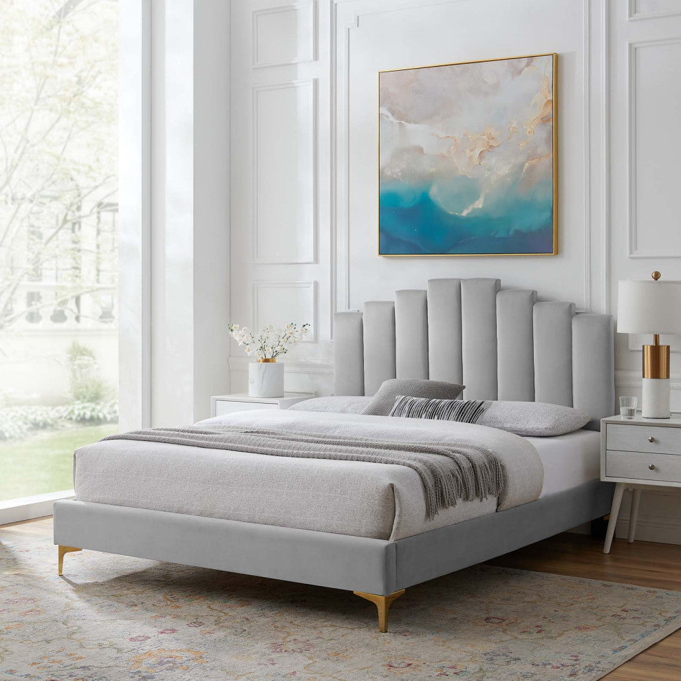 Platform Bed Frame, King Size, Velvet, Light Gray, Modern Contemporary